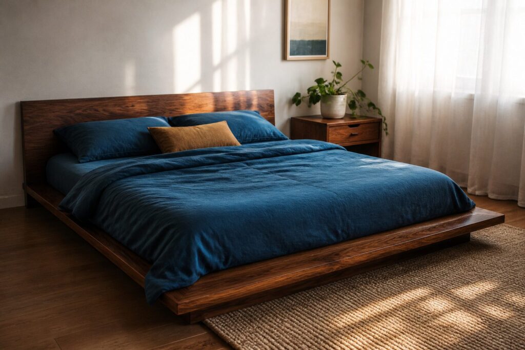 An assortment of bed frames illustrating various designs and materials.