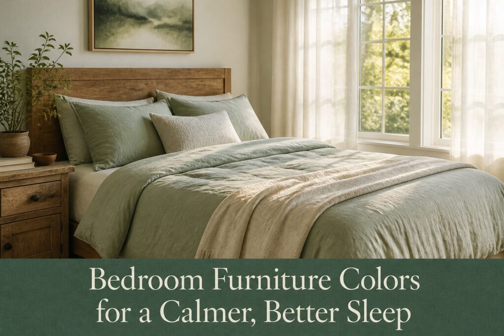 A serene bedroom with calming colors and natural wood furniture.