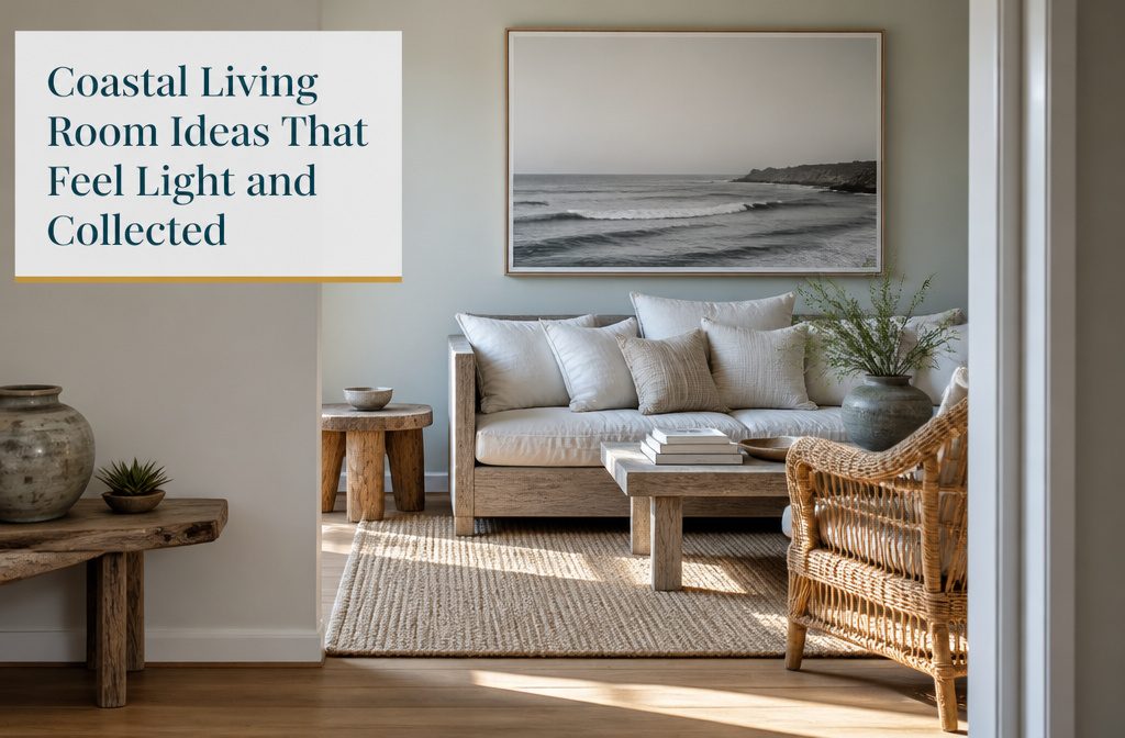Coastal living room with pale furnishings and woven natural textures