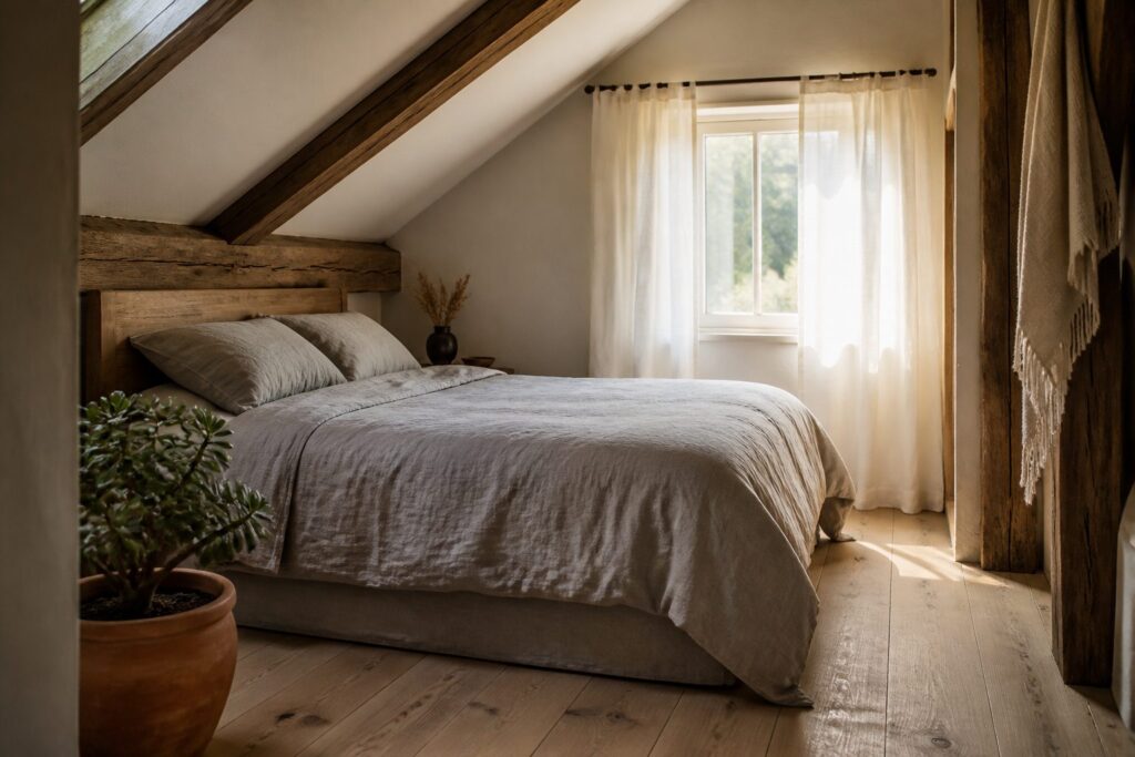 A serene bedroom with a minimalist full bed and low-profile oak frame.