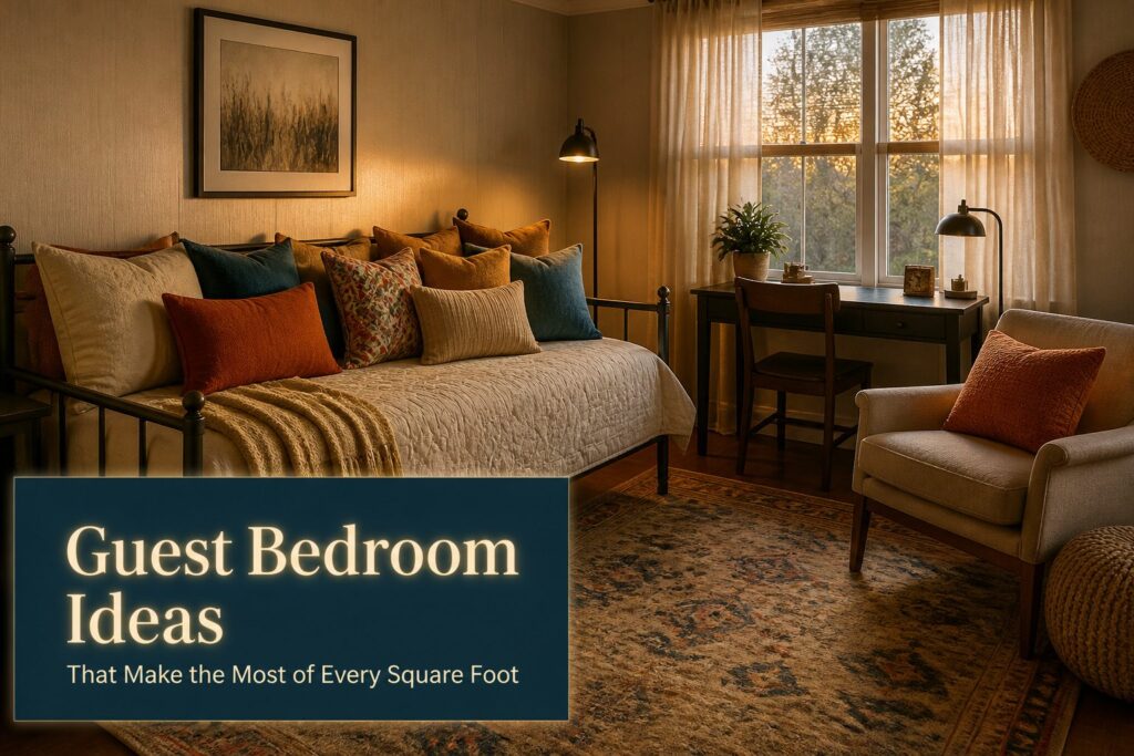 A well-decorated guest bedroom with a bed and stylish furnishings.
