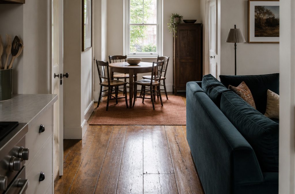 Living room sofa beside a dining table under a pendant, with a rug beneath the table