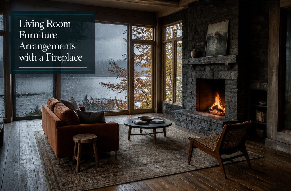 Living room seating arranged around a fireplace with the hearth at the center