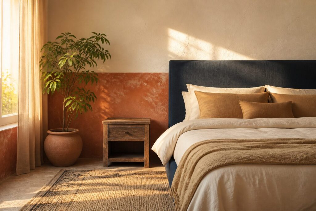 A master bedroom with soft colors and inviting bedding.