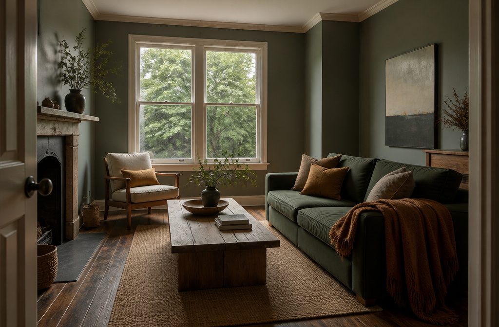Medium living room with a sofa and chairs arranged around an open floor