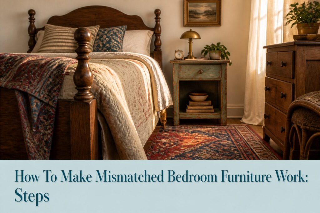 A bedroom showcasing various mismatched furniture pieces and decor.