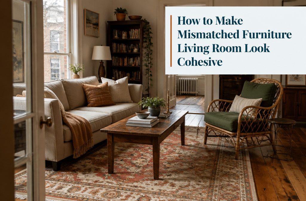 Living room with modern sofa beside an antique side table and vintage wooden cabinet