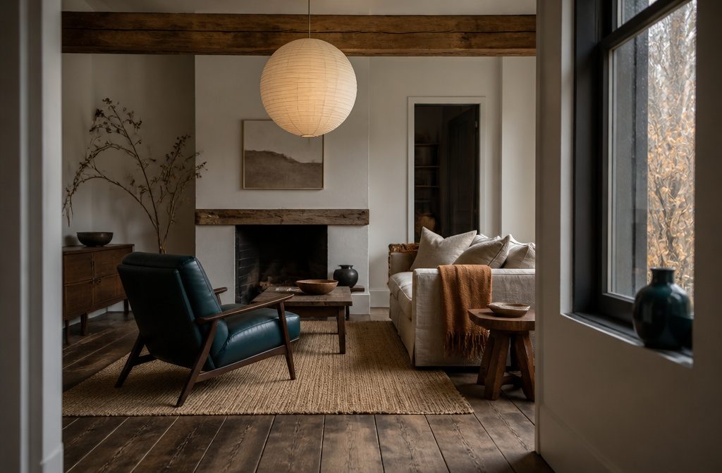 Farmhouse living room with a sofa, wood accents, and natural light