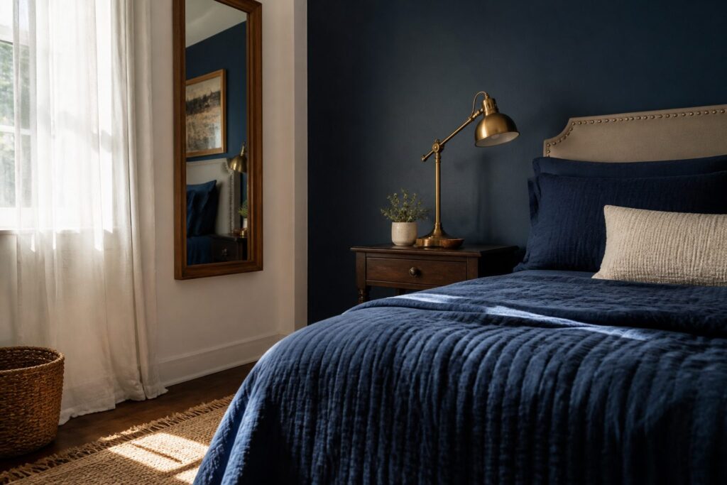 Stylish navy blue bedroom with layered bedding and decorative accents.