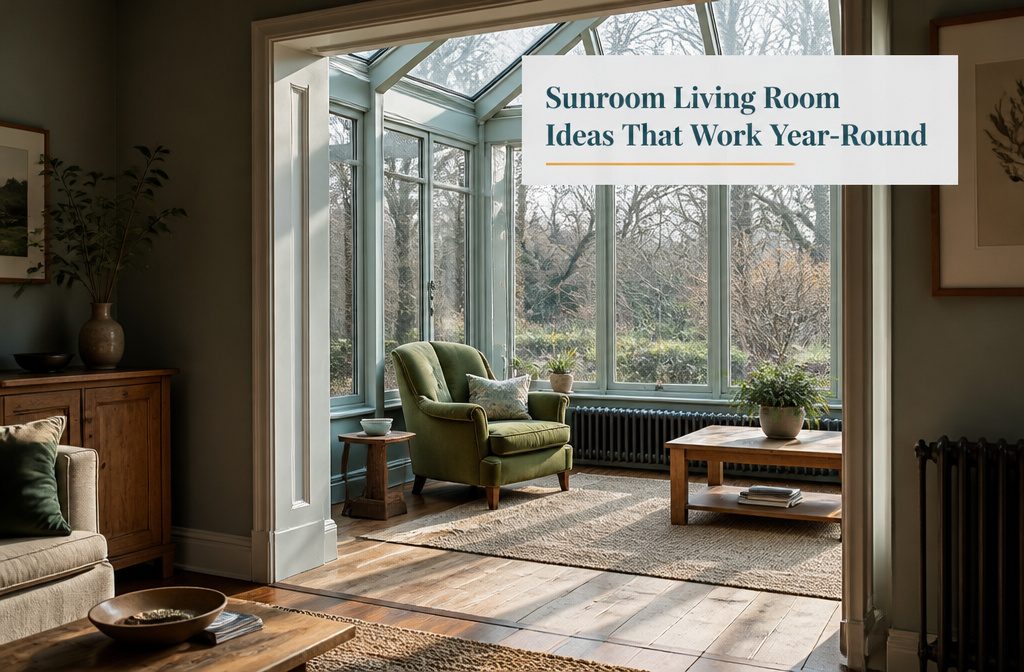 Sunroom seating beside tall windows overlooking a garden