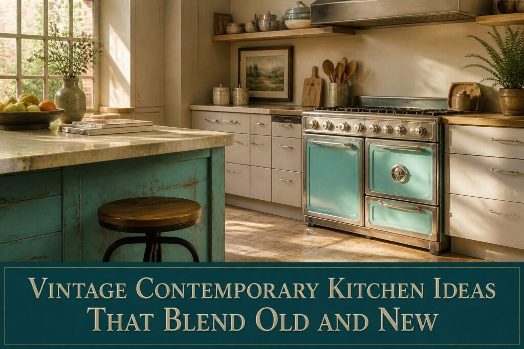 A vintage contemporary kitchen displaying modern appliances and retro design elements.